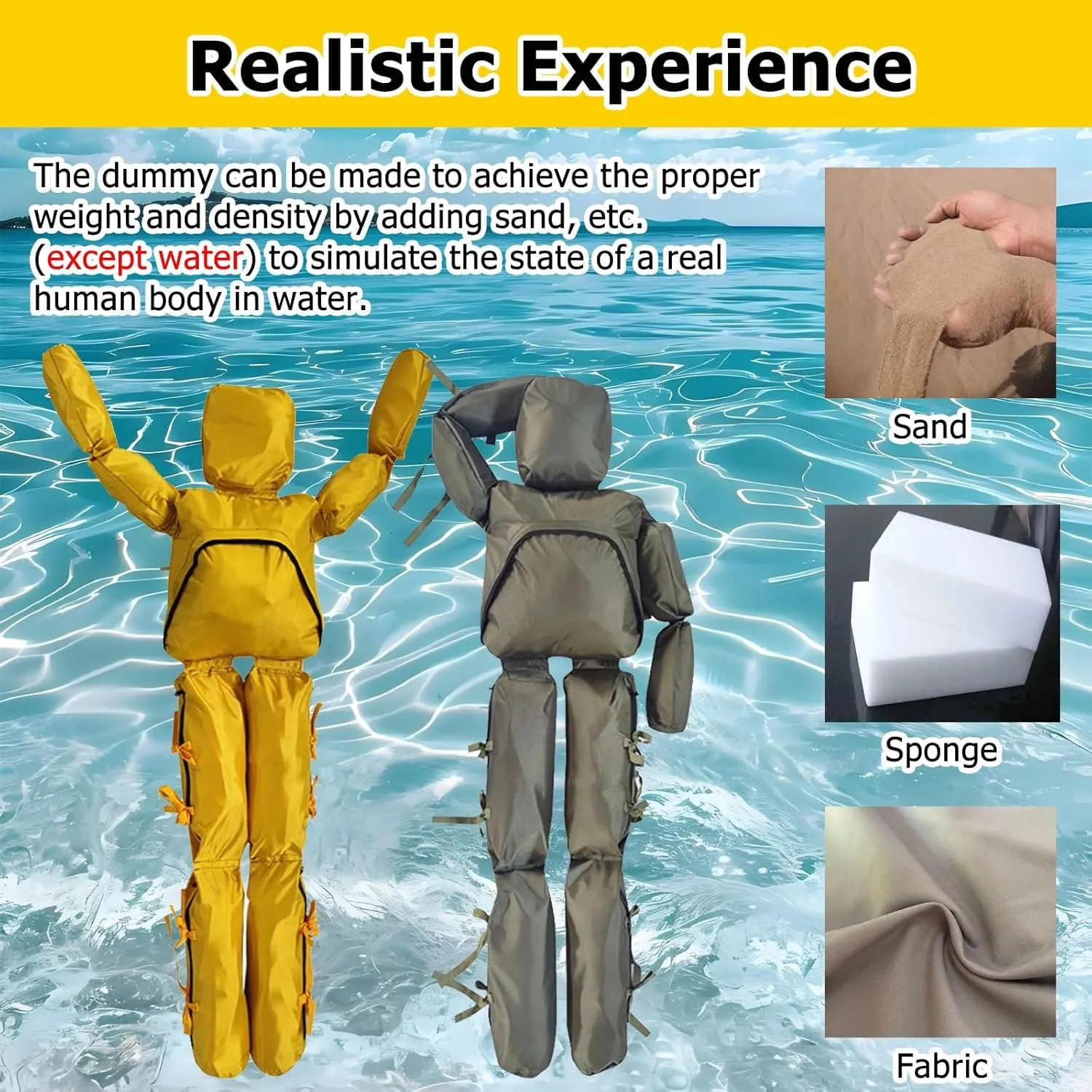 Gray Yellow Water Rescue Dummy, Foldable Emergency Drill Dummy Weight Adjustable with Alloy Zipper, Reusable Heavy Duty Drowning Prevention Teaching Tools, 10 20 30 KG(Gray-H 1.7M,30kg)