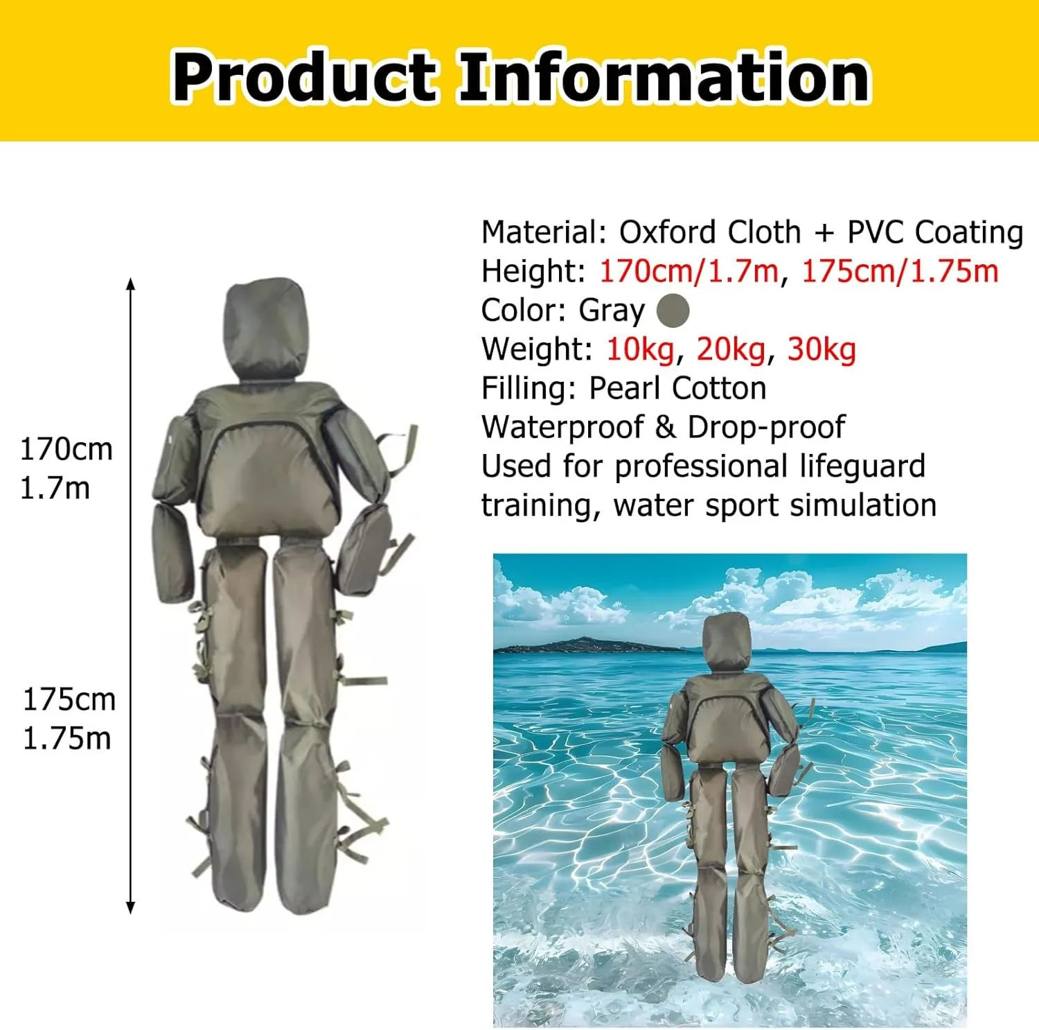 Gray Yellow Water Rescue Dummy, Foldable Emergency Drill Dummy Weight Adjustable with Alloy Zipper, Reusable Heavy Duty Drowning Prevention Teaching Tools, 10 20 30 KG(Gray-H 1.7M,30kg)