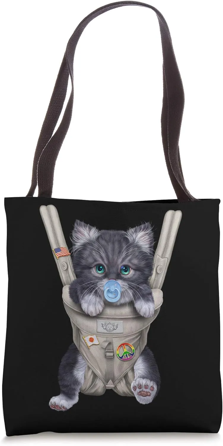 Grey Tabby Cat with Pacifier in Baby Carrier Tote Bag