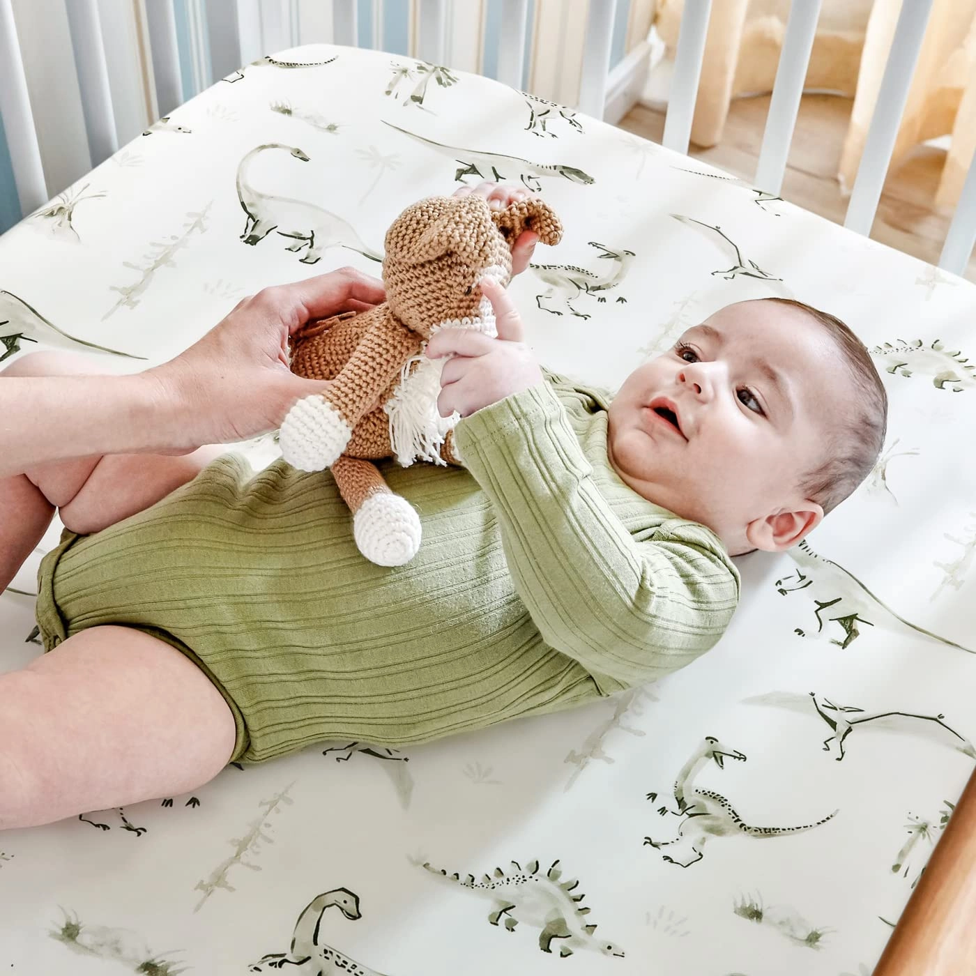GRSSDER Stretch Ultra Soft Jersey Knit Fitted Crib Sheets Set 2 Pack，Fit All Standard Crib Mattress Pads Safe and Snug, Crib Fitted Sheet for Baby, Dinosaur