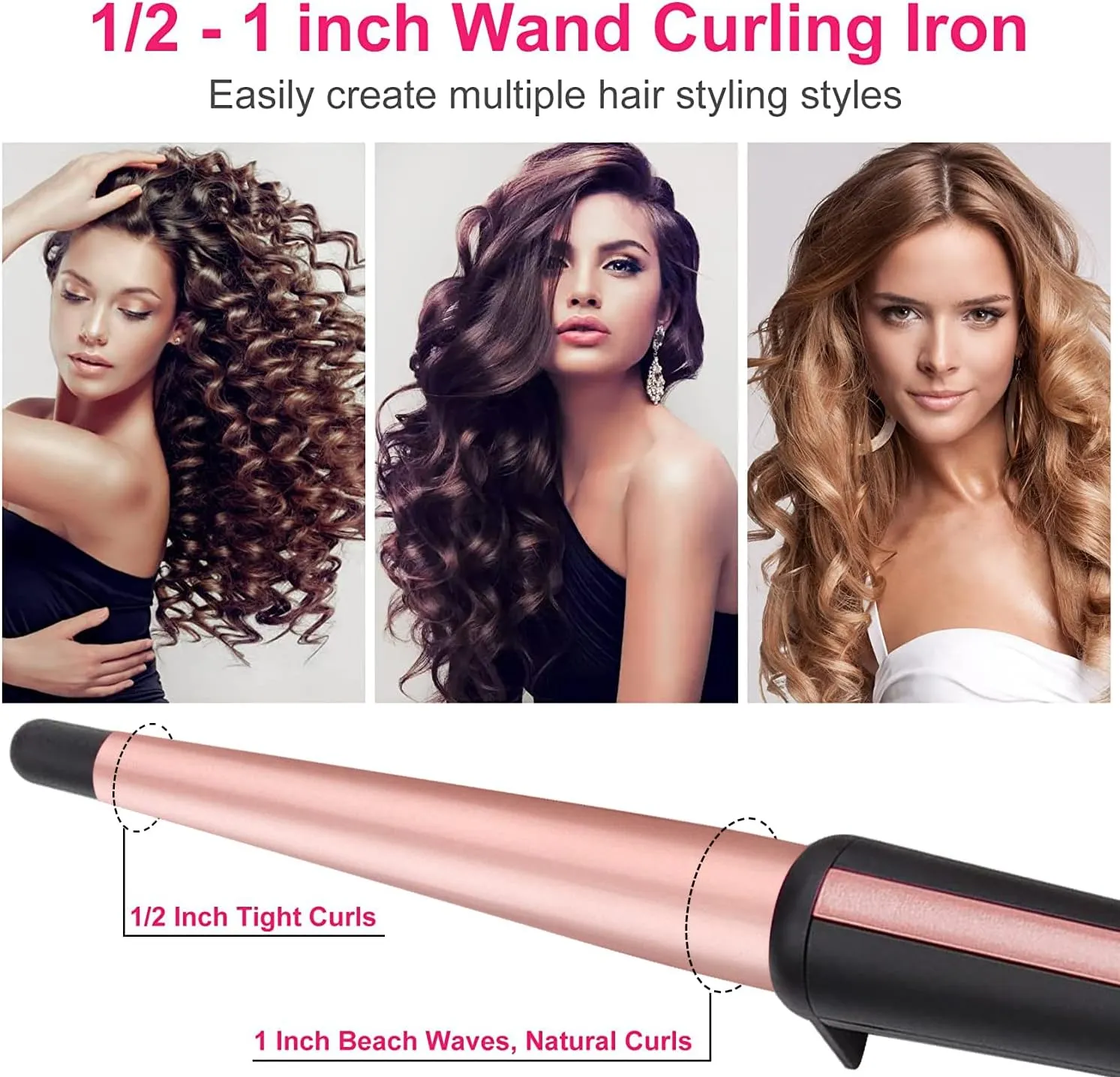 Hair Curling Wand, 0.5-1Inch Tapered Curling Iron, Professional Ceramic Hair Curler Wand with Heat-Resistant Glove, Dual Voltage (Pink)
