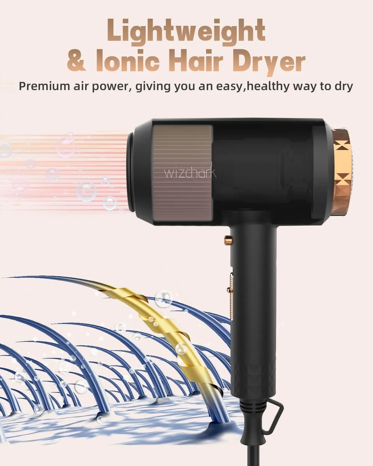 Hair Dryer with Diffuser, Ceramic Ionic Blow Dryer for Women Curly Hair, Lightweight Compact Professional Salon Hairdryer with Diffuser Attachment, Cool Air Button 2 Speeds/Heats, Black