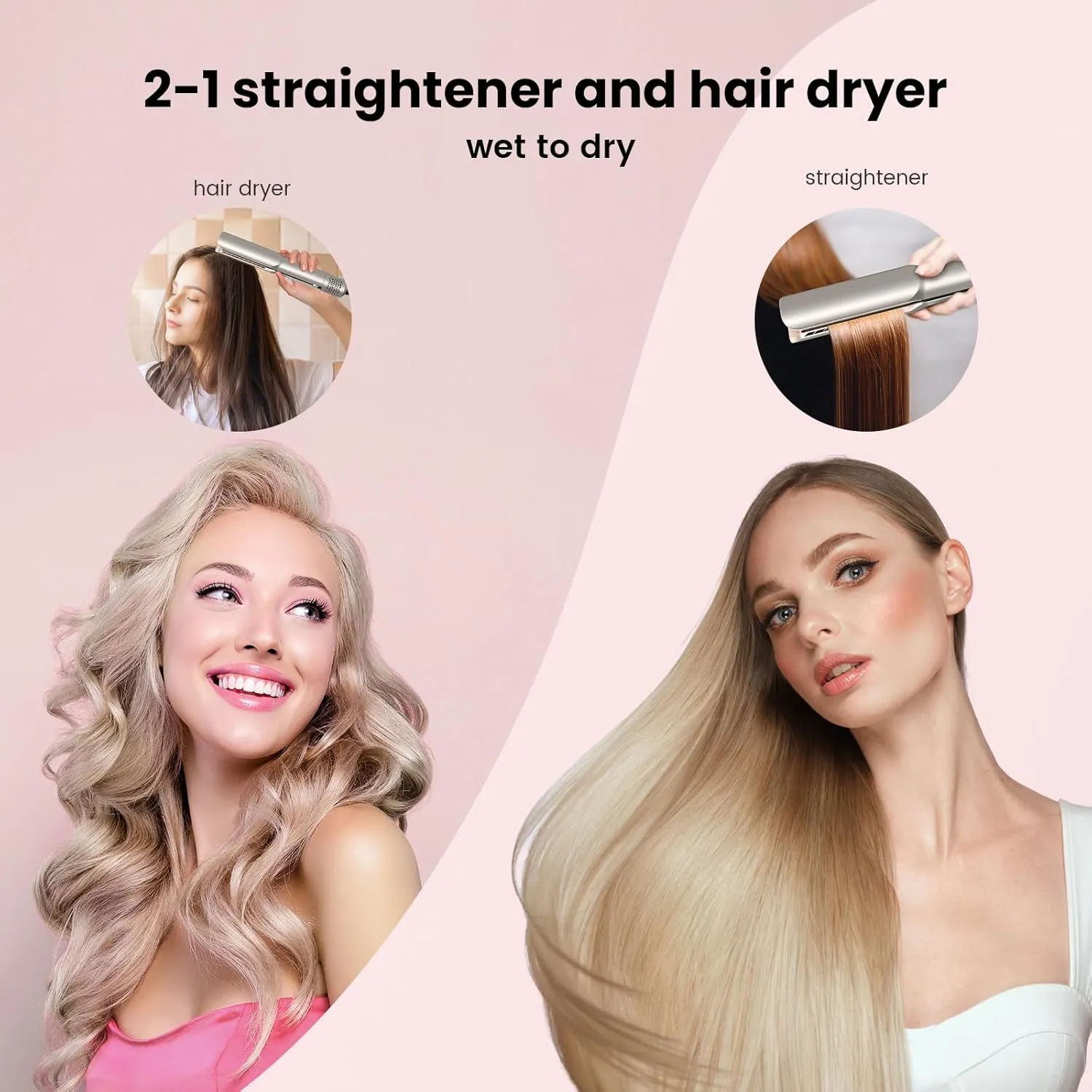 Hair Straightener - 2 in 1 Wet to Dry Hair Dryer and Straightener with High-Speed Airflow   Rapid Heat-Up   Customizable Temperature   LCD Display & Auto Shut-Off   No Heat Damage for All Hair Types
