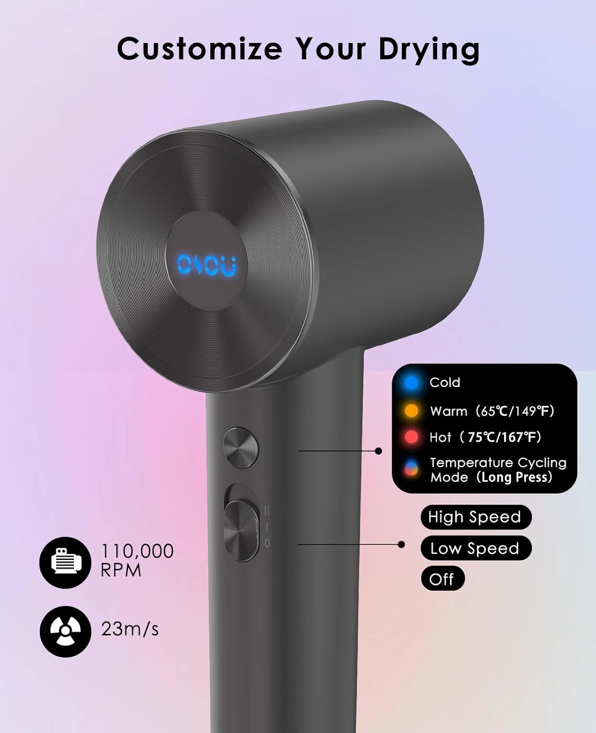 Hair Dryer, Negative Ionic Hair Dryer, High-Speed Blow Dryer with 110, 000 RPM Brushless Motor, Fast Drying Lightweight Travel Hairdryer, Low Noise Home Hair Dryer with Smooth Nozzle