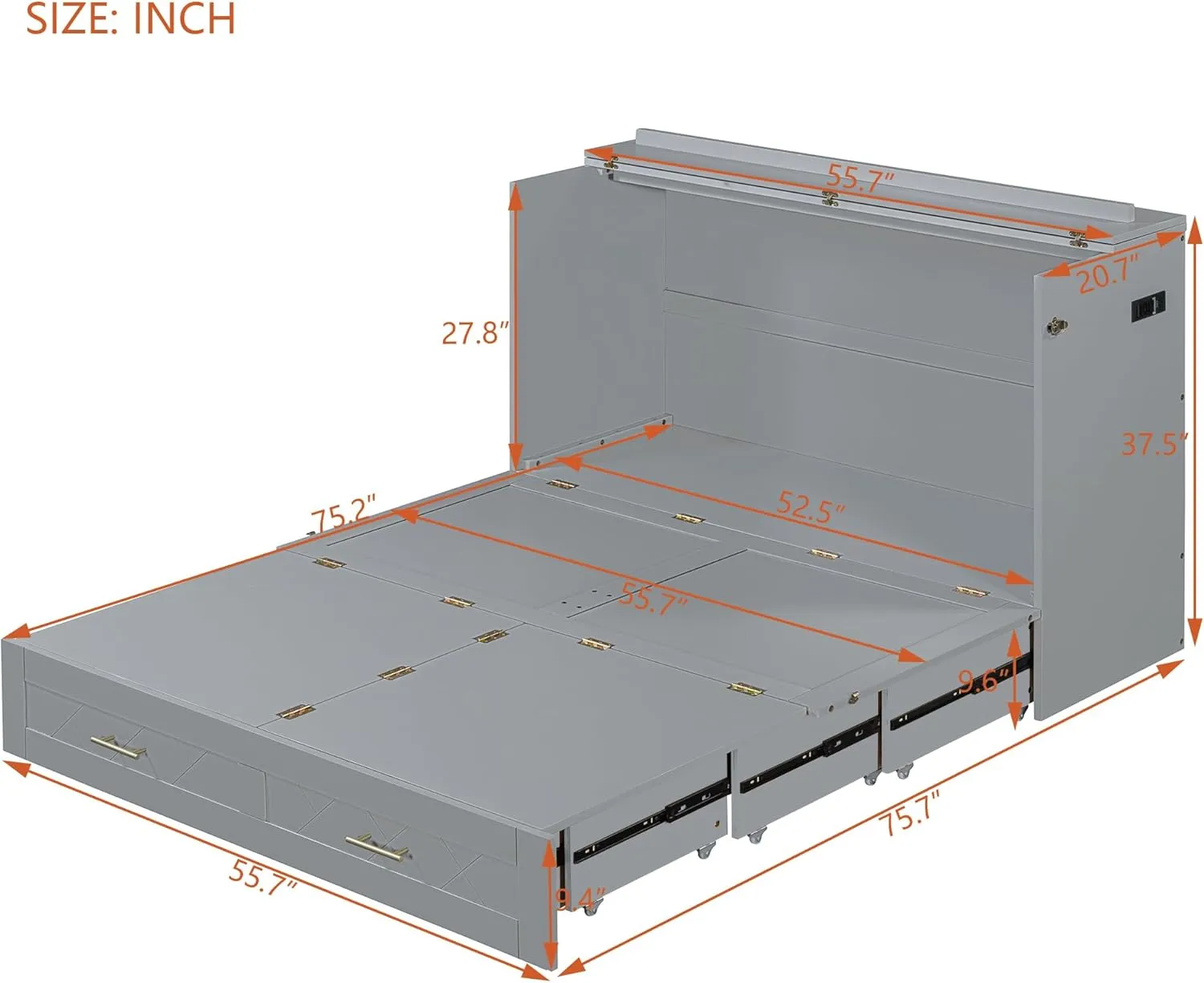 Harper & Bright Designs Full Size Murphy Bed Wall Bed, Murphy Bed Chest Cube Cabinet Bed with USB, Charging Station and Large Storage Drawer for Home Office, Pulley Structure Design - Gray