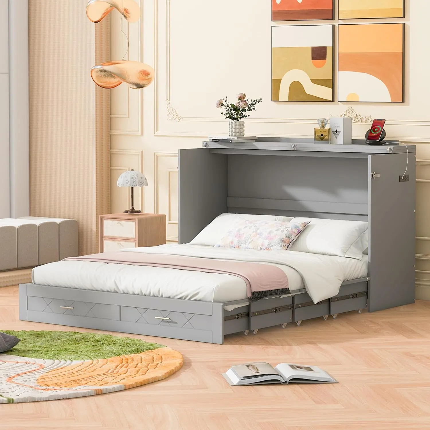 Harper & Bright Designs Full Size Murphy Bed Wall Bed, Murphy Bed Chest Cube Cabinet Bed with USB, Charging Station and Large Storage Drawer for Home Office, Pulley Structure Design - Gray
