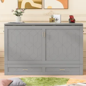 Harper & Bright Designs Full Size Murphy Bed Wall Bed, Murphy Bed Chest Cube Cabinet Bed with USB, Charging Station and Large Storage Drawer for Home Office, Pulley Structure Design - Gray