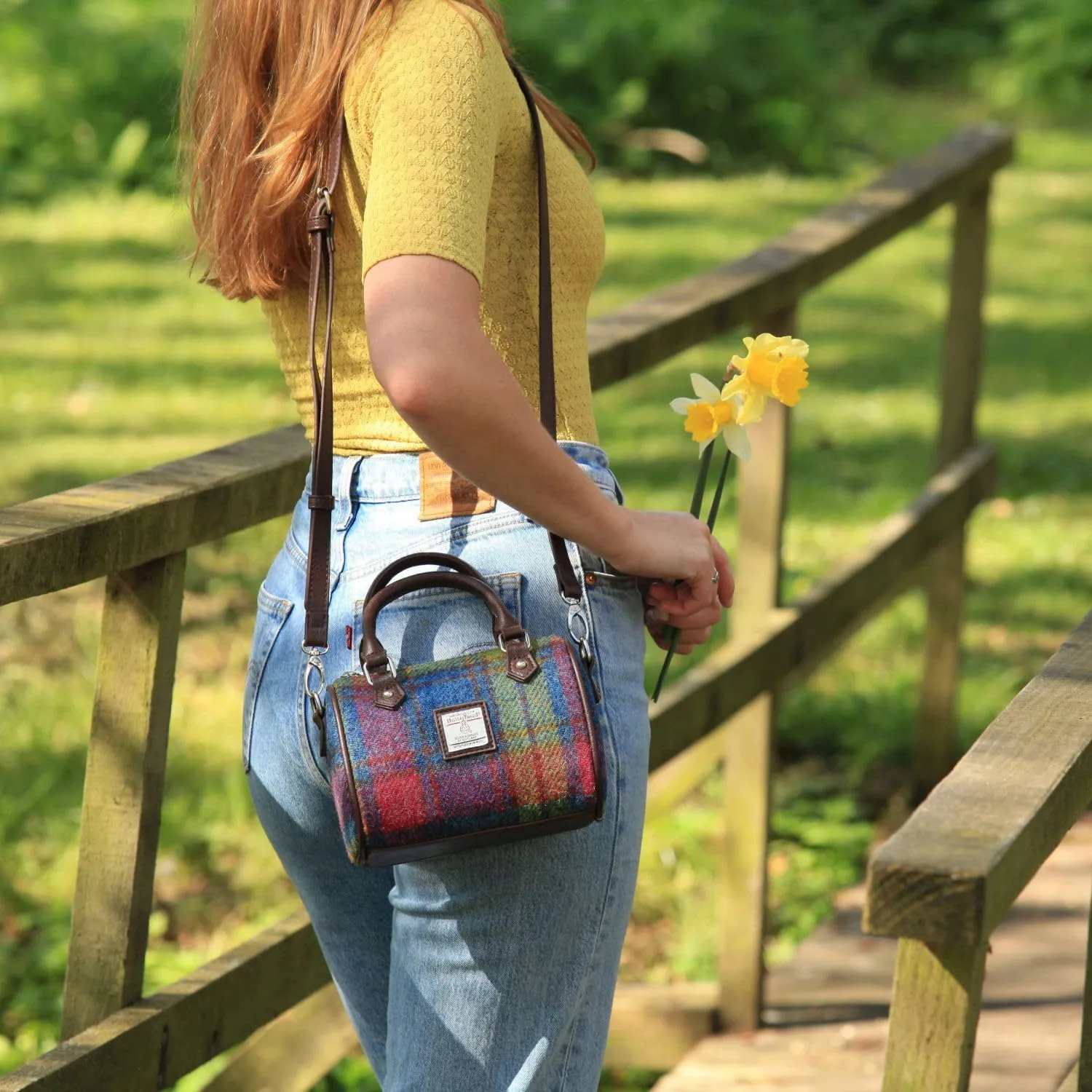 Harris Tweed Mini Bowling Bag in Multiple Tartans - 100% Wool, Adjustable Strap, Zip Closure & Inside Pocket