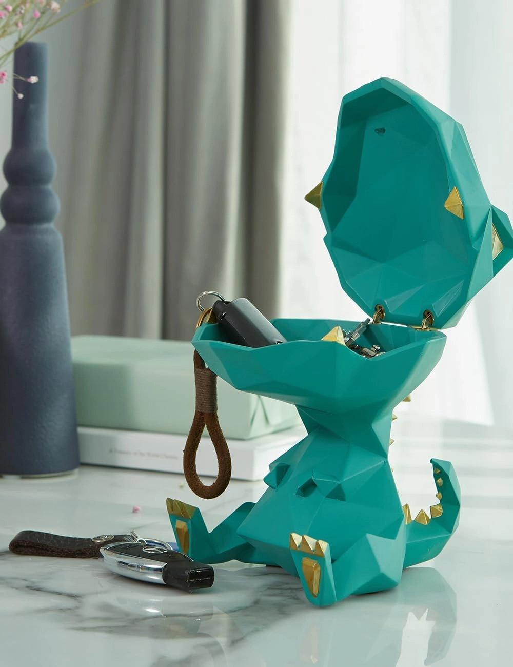 HAUCOZE Dinosaur Statue Candy Dish Key Bowl Dino Gifts Sculpture Modern Home Decor Accessories Pop Arts Polyresin Cookie Jar Green 7.5 inch