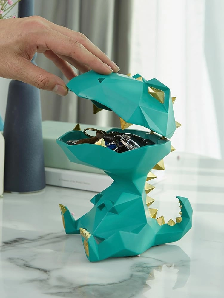 HAUCOZE Dinosaur Statue Candy Dish Key Bowl Dino Gifts Sculpture Modern Home Decor Accessories Pop Arts Polyresin Cookie Jar Green 7.5 inch