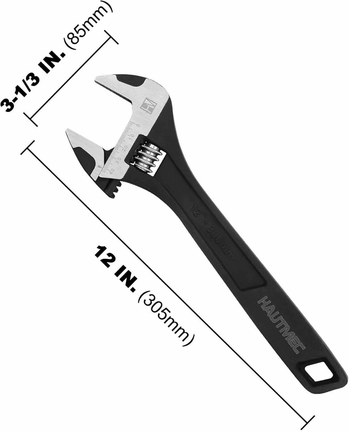 HAUTMEC 12 inch Adjustable Wrench Extra Wide Jaw Black Finish Adjustable Wrenches Drop-Forged CR-V Steel Metric & SAE Scales for Home Garage Workshop DIY
