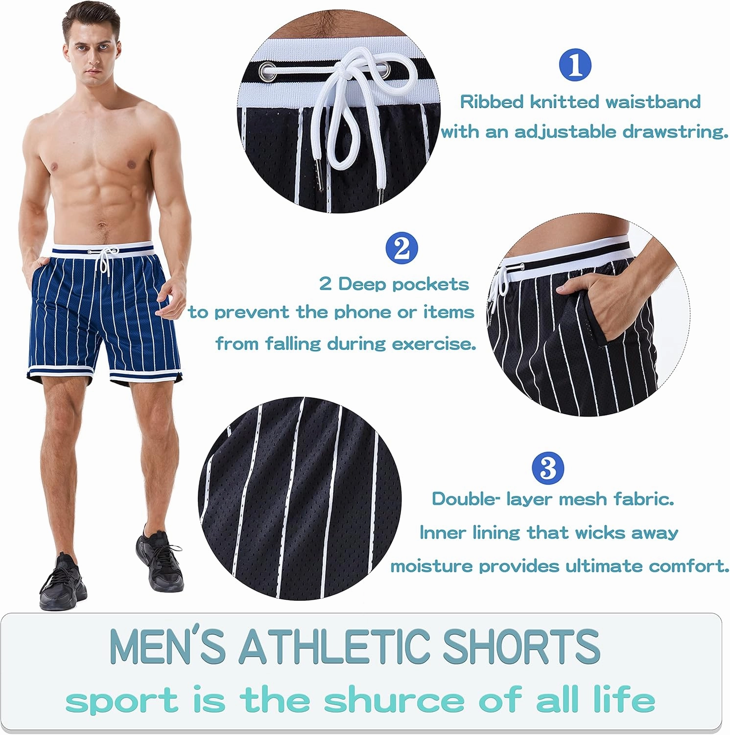 HEALONG Basketball Athletic Shorts Men - Mesh Gym Sports Workout Training Drawstring Retro Casual Fashion Short with Pockets