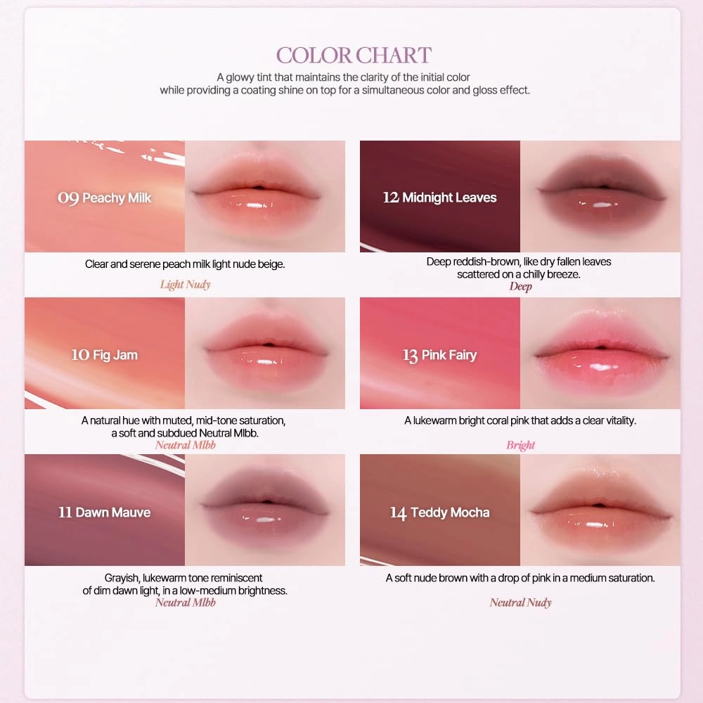 Heart Percent Dote On Mood One Way Glowy Tint, Glass-like High Shine Glossy Finish w/Long-Lasting Luminous Color Lip Stain for Glowy Look, #01. Bare Nude
