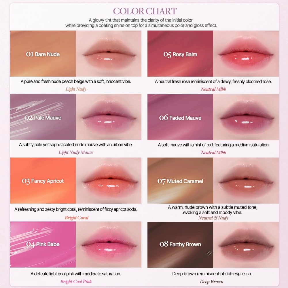 Heart Percent Dote On Mood One Way Glowy Tint, Glass-like High Shine Glossy Finish w/Long-Lasting Luminous Color Lip Stain for Glowy Look, #01. Bare Nude