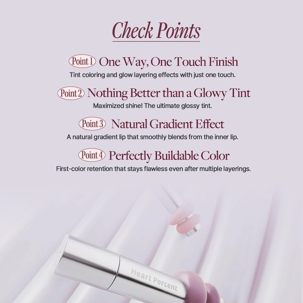 Heart Percent Dote On Mood One Way Glowy Tint, Glass-like High Shine Glossy Finish w/Long-Lasting Luminous Color Lip Stain for Glowy Look, #01. Bare Nude