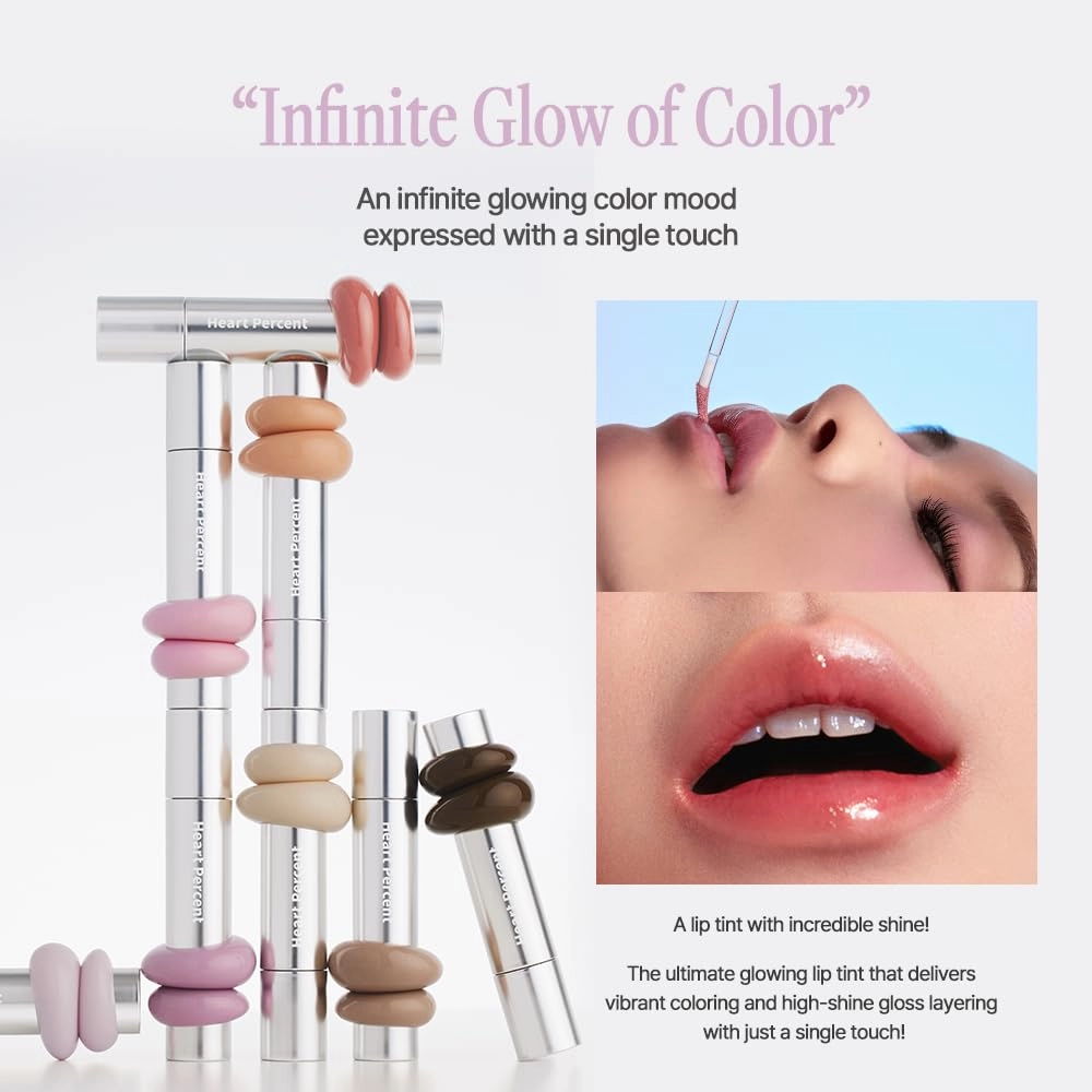 Heart Percent Dote On Mood One Way Glowy Tint, Glass-like High Shine Glossy Finish w/Long-Lasting Luminous Color Lip Stain for Glowy Look, #01. Bare Nude