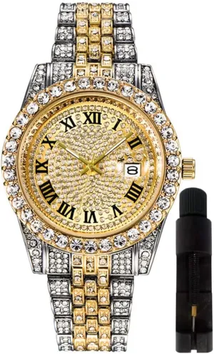 Hip Hop Watches for Men Iced-Out Bling Diamond Luxury Quartz Watches with Date