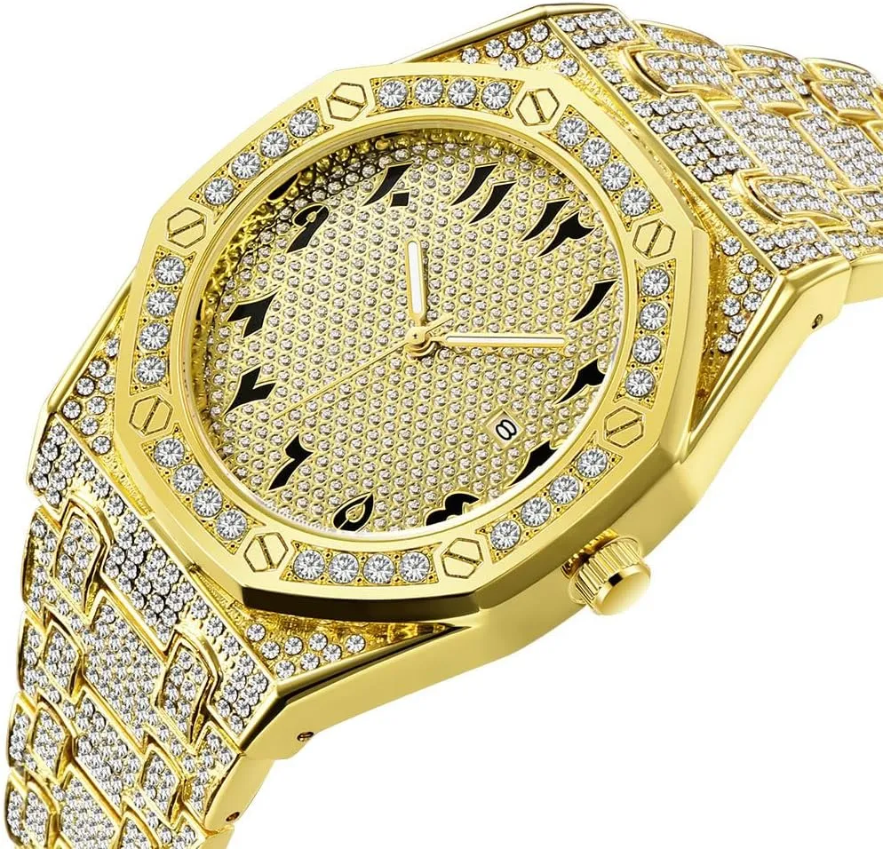 Hip Hop Watches for Men Octagon Iced-Out Bling Diamond Luxury Quartz Watches with Date
