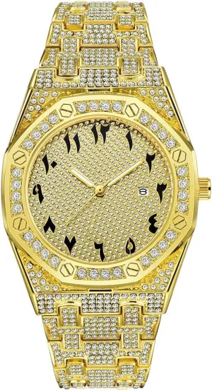 Hip Hop Watches for Men Octagon Iced-Out Bling Diamond Luxury Quartz Watches with Date