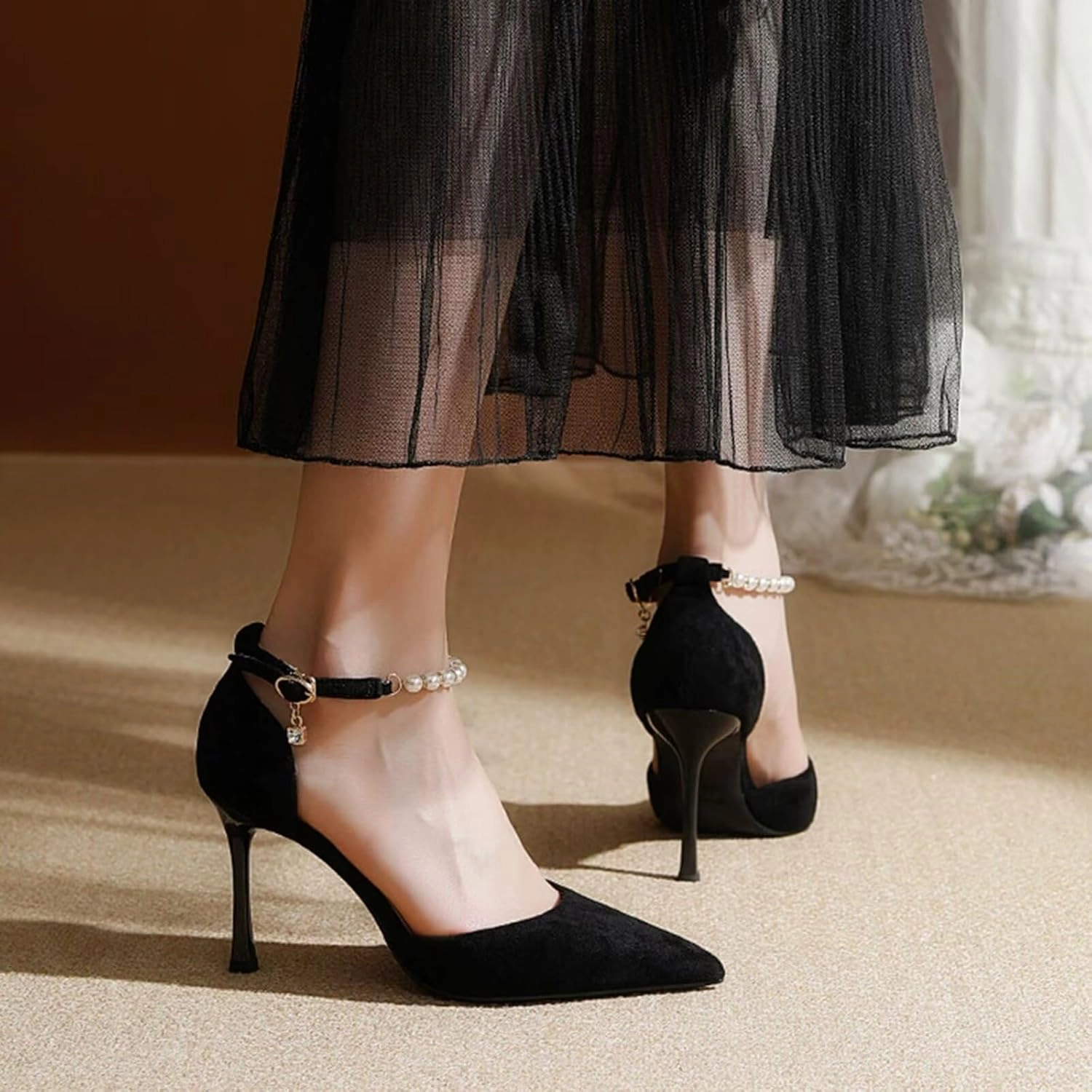 HNVAVQ Women's Pumps Closed Pointed Toe Stiletto Kitten Heels Elegant Party Wedding Dress Shoes for Women with Pearls Bride Formal Court Shoes