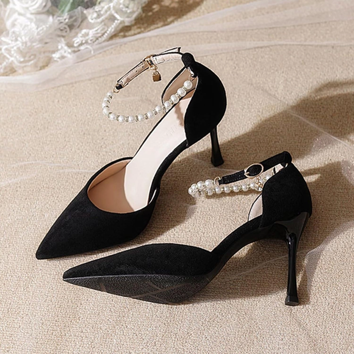 HNVAVQ Women's Pumps Closed Pointed Toe Stiletto Kitten Heels Elegant Party Wedding Dress Shoes for Women with Pearls Bride Formal Court Shoes