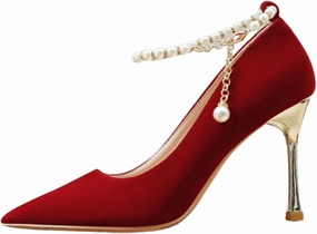 HNVAVQ Womens Wedding Shoes Ladies Ankle Strap Pointed Toe Bridal Evening Party Court Shoes Stiletto Heels with Pearls