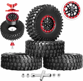 HobbyPark Aluminum 1.9 Beadlock Wheels and 1.9 Tires Height 4.72inch 120mm Soft Rubber Good Grip with Install Tool for 1/10 RC Crawler with Foam Inserts,Set of 4 (Red Rings)