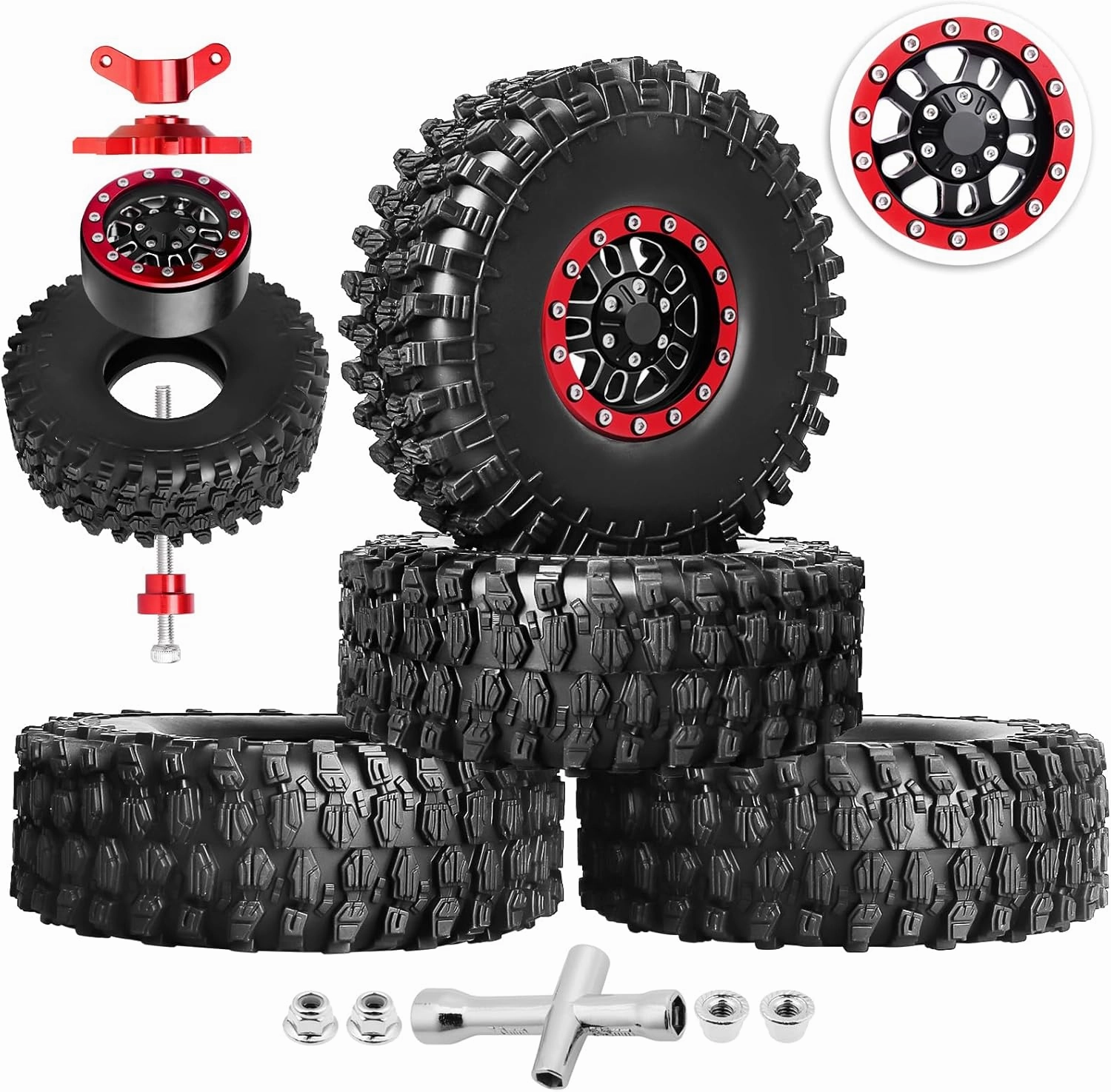 HobbyPark Aluminum 1.9 Beadlock Wheels and 1.9 Tires Height 4.72inch 120mm Soft Rubber Good Grip with Install Tool for 1/10 RC Crawler with Foam Inserts,Set of 4 (Red Rings)