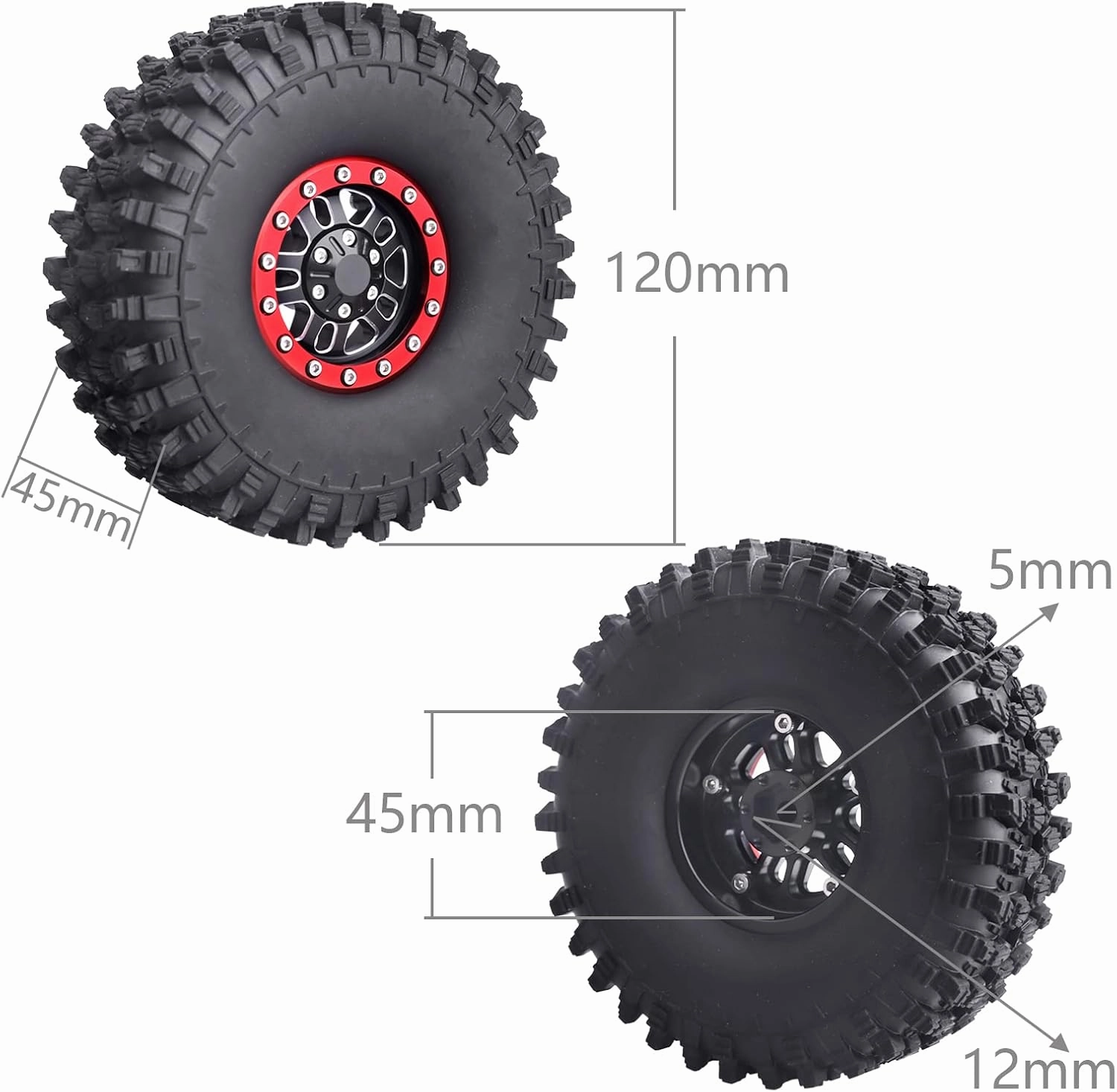 HobbyPark Aluminum 1.9 Beadlock Wheels and 1.9 Tires Height 4.72inch 120mm Soft Rubber Good Grip with Install Tool for 1/10 RC Crawler with Foam Inserts,Set of 4 (Red Rings)