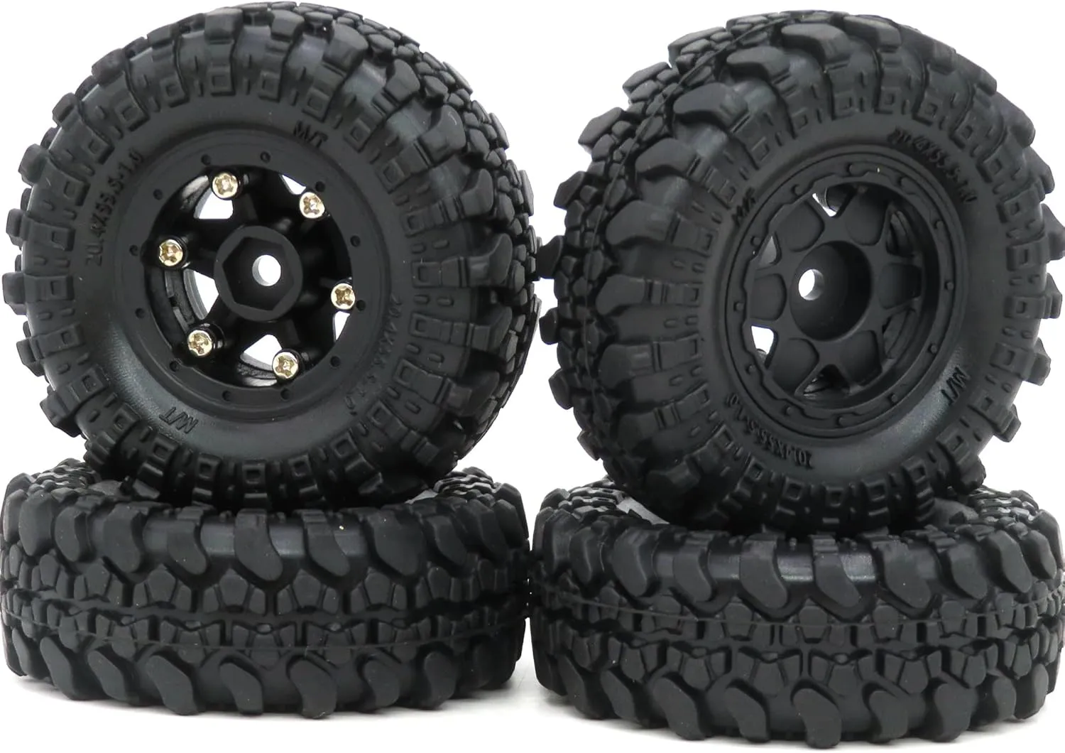 HOBBYSOUL 1.0 Crawler Tires Mounted on 1.0 Beadlock Wheels, Soft SCX24 Tires and Wheels (with Heavy Duty Metal Middle Rings, 21g/Ring) for 1/24 RC Crawler Axial SCX24 90081 AXI00001, (4-Pack)