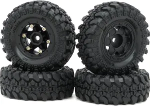 HOBBYSOUL 1.0 Crawler Tires Mounted on 1.0 Beadlock Wheels, Soft SCX24 Tires and Wheels (with Heavy Duty Metal Middle Rings, 21g/Ring) for 1/24 RC Crawler Axial SCX24 90081 AXI00001, (4-Pack)