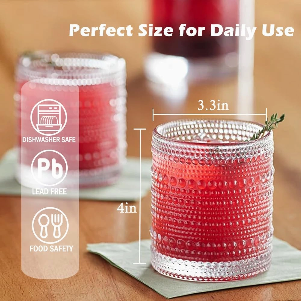 Hobnail Drinking Glasses set of 6 (13 oz), Vintage Glasses Drinking Set Cocktail Glasses, Embossed Glass Cup for Kitchen, Tumbler Glassware Set for Beer, Juice, Cocktail, Whiskey and Milk