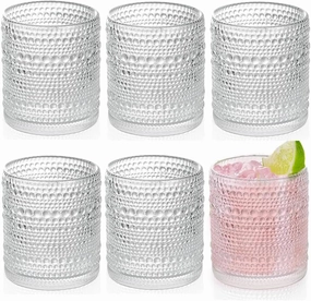 Hobnail Drinking Glasses set of 6 (13 oz), Vintage Glasses Drinking Set Cocktail Glasses, Embossed Glass Cup for Kitchen, Tumbler Glassware Set for Beer, Juice, Cocktail, Whiskey and Milk