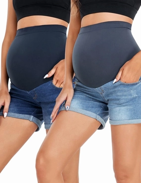 HOFISH Womens Maternity Jeans Shorts Over The Belly Stretchy Comfy Denim Pants Casual Workout Pregnancy Shorts