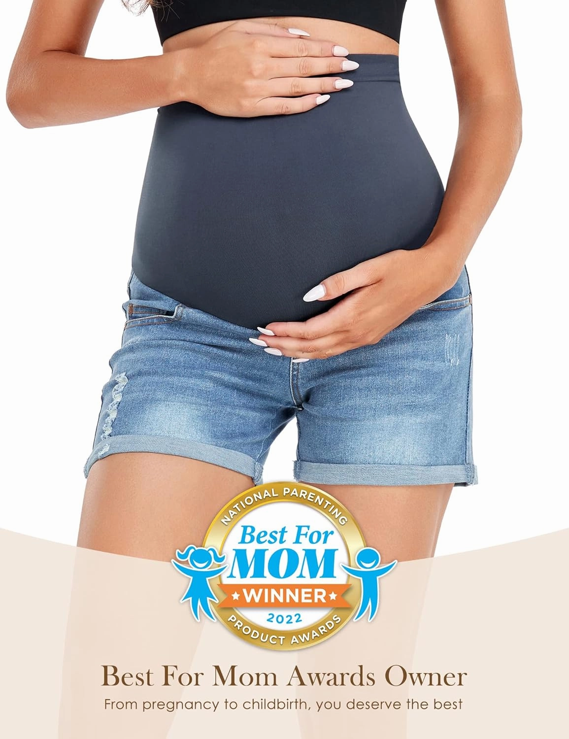 HOFISH Womens Maternity Jeans Shorts Over The Belly Stretchy Comfy Denim Pants Casual Workout Pregnancy Shorts