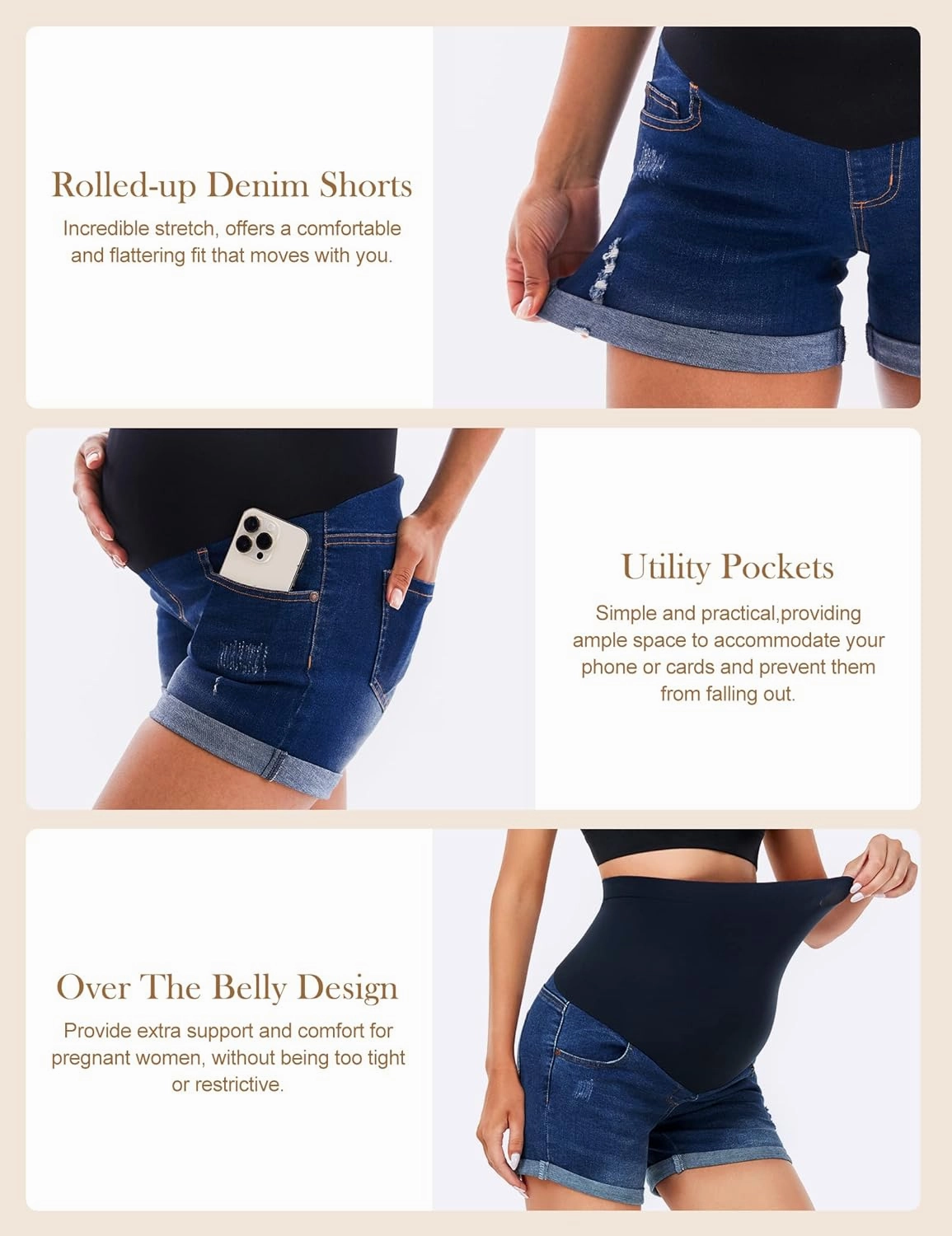 HOFISH Womens Maternity Jeans Shorts Over The Belly Stretchy Comfy Denim Pants Casual Workout Pregnancy Shorts