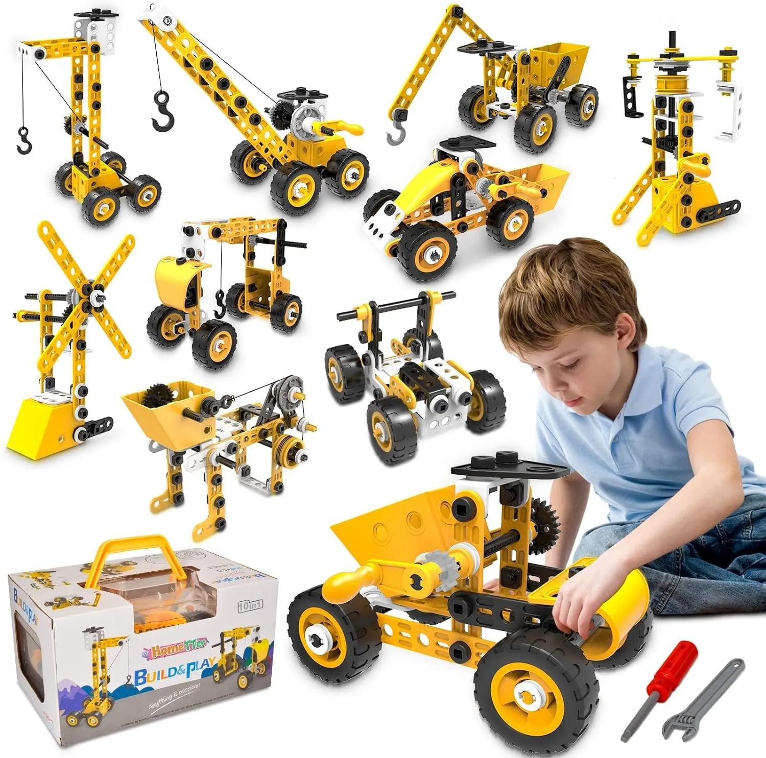 HOMETTER Educational Building Toys, STEM Learning Toy, 10 in 1 Construction Set for Preschool Kids, Engineering Toys Creative Set, Christmas Idea Gift for Boys Age 5 6 7 8 9 10  Years Old