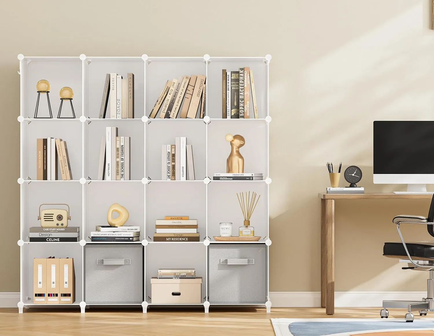 HOMIDEC Book Shelf 16 Cubes Bookcase Cube Storage Organizer Portable Display Bookshelf Kids Bookshelf Book Case for Study Room, Bedroom, Office, Living Room, Closet (47.2x11.8x47.2 inch)