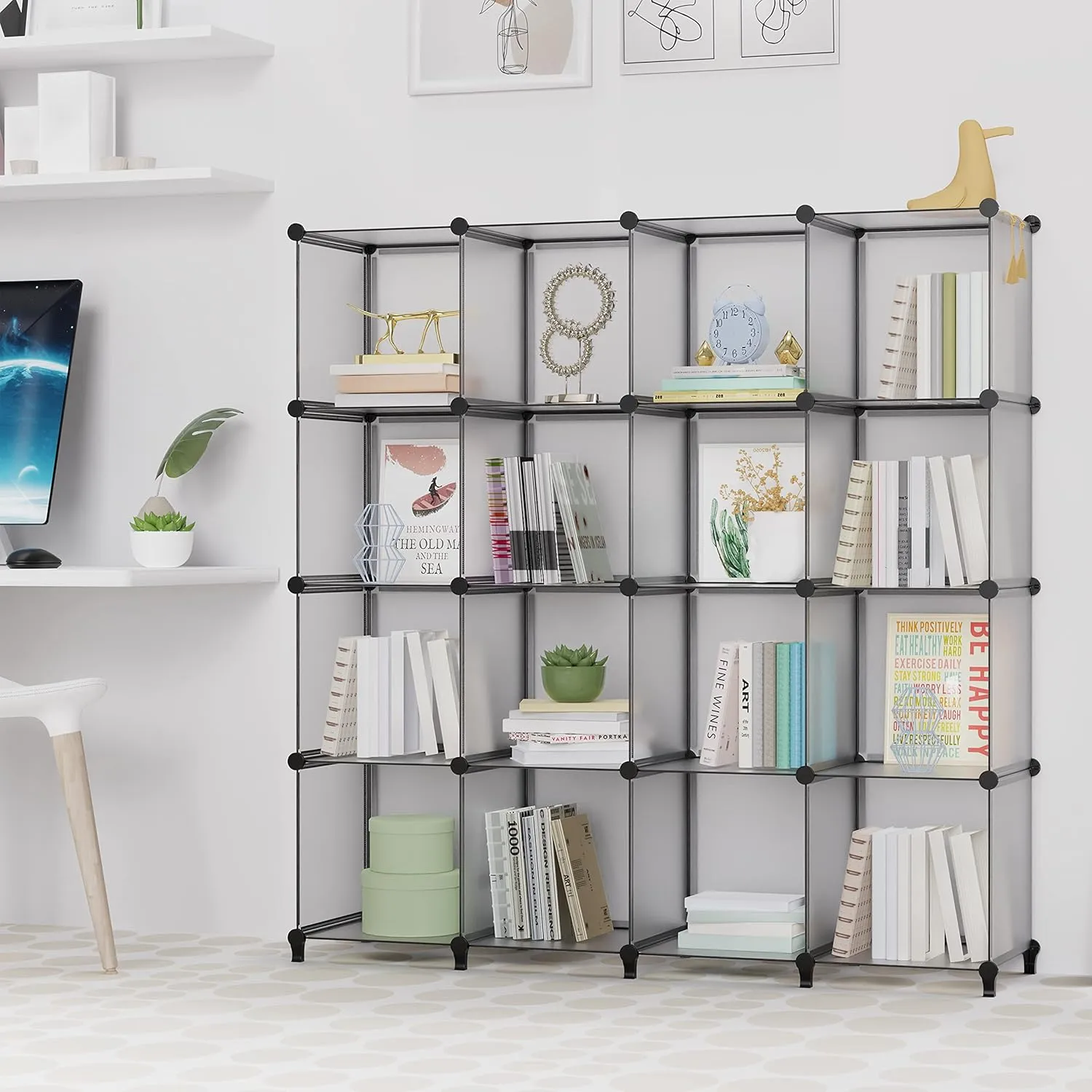 HOMIDEC Book Shelf 16 Cubes Bookcase Cube Storage Organizer Portable Display Bookshelf Kids Bookshelf Book Case for Study Room, Bedroom, Office, Living Room, Closet (47.2x11.8x47.2 inch)