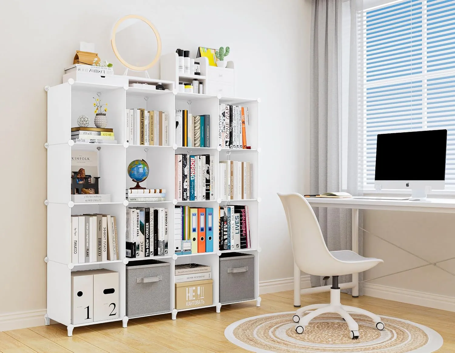 HOMIDEC Book Shelf 16 Cubes Bookcase Cube Storage Organizer Portable Display Bookshelf Kids Bookshelf Book Case for Study Room, Bedroom, Office, Living Room, Closet (47.2x11.8x47.2 inch)