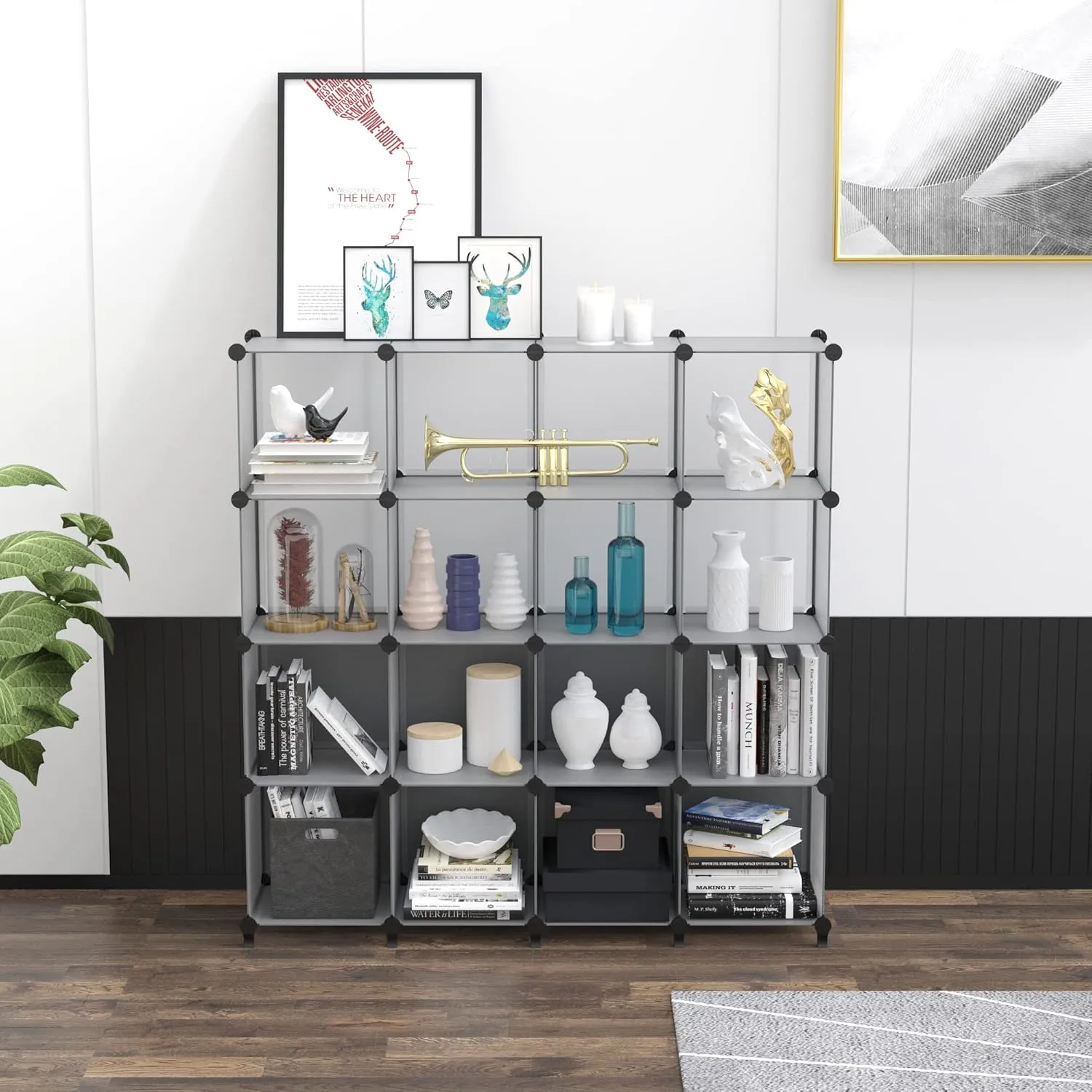 HOMIDEC Book Shelf 16 Cubes Bookcase Cube Storage Organizer Portable Display Bookshelf Kids Bookshelf Book Case for Study Room, Bedroom, Office, Living Room, Closet (47.2x11.8x47.2 inch)