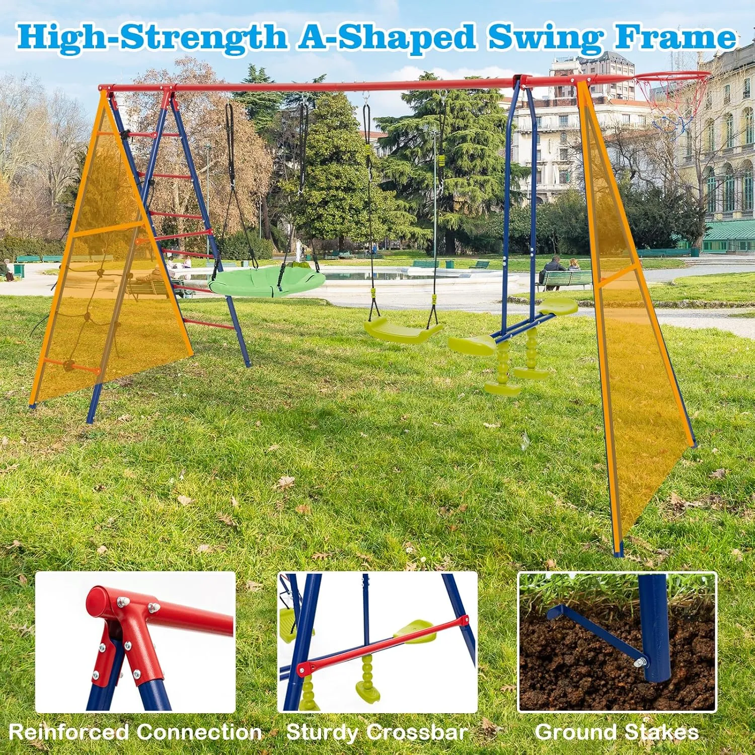 HONEY JOY 550 lbs Swing Sets for Backyard, Heavy Duty Metal A-Frame Swing Stand w/Saucer Swing, Belt Swing, Glider, Climbing Net & Ladder, Basketball Hoop, Playground Swingset Outdoor for Kids (Red)