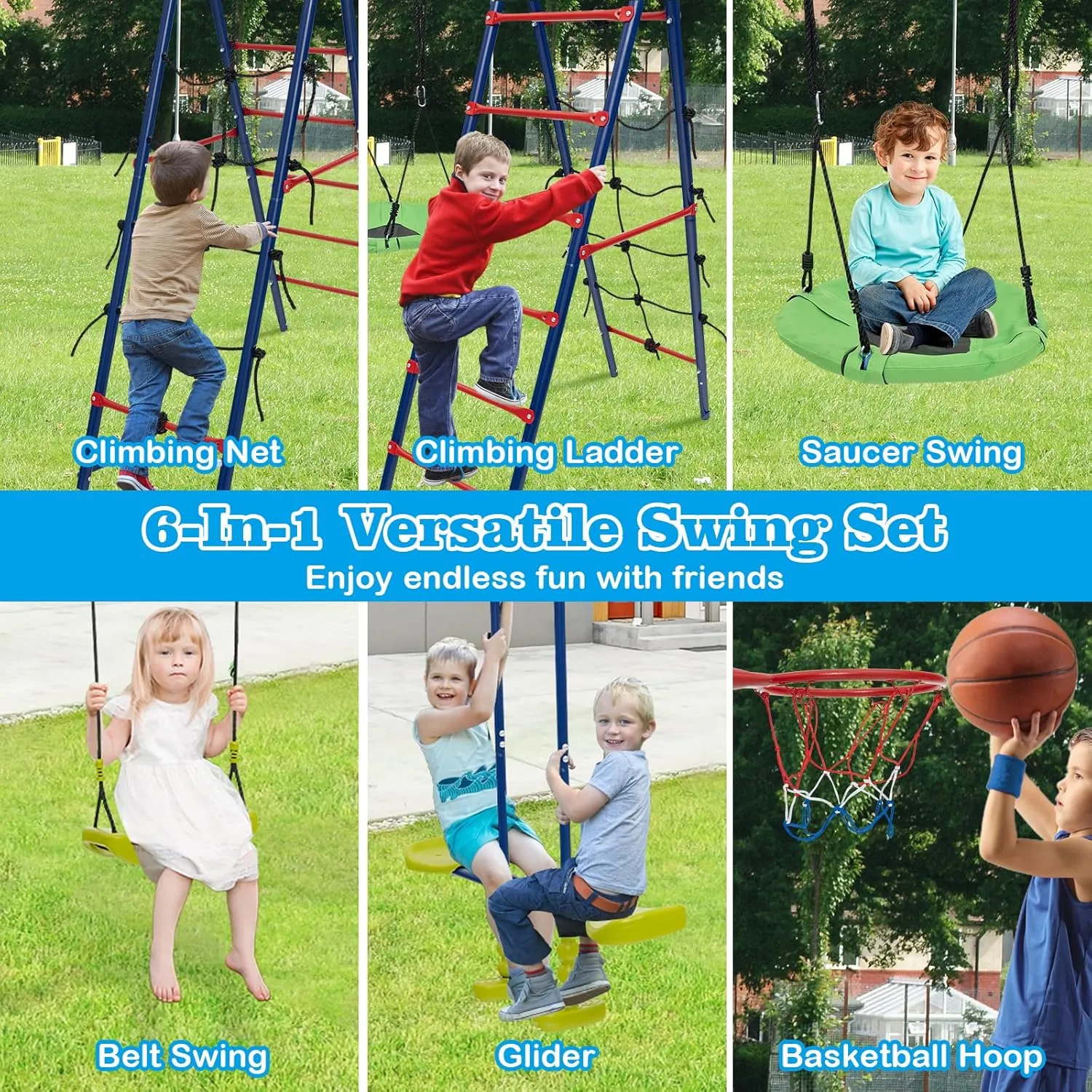 HONEY JOY 550 lbs Swing Sets for Backyard, Heavy Duty Metal A-Frame Swing Stand w/Saucer Swing, Belt Swing, Glider, Climbing Net & Ladder, Basketball Hoop, Playground Swingset Outdoor for Kids (Red)
