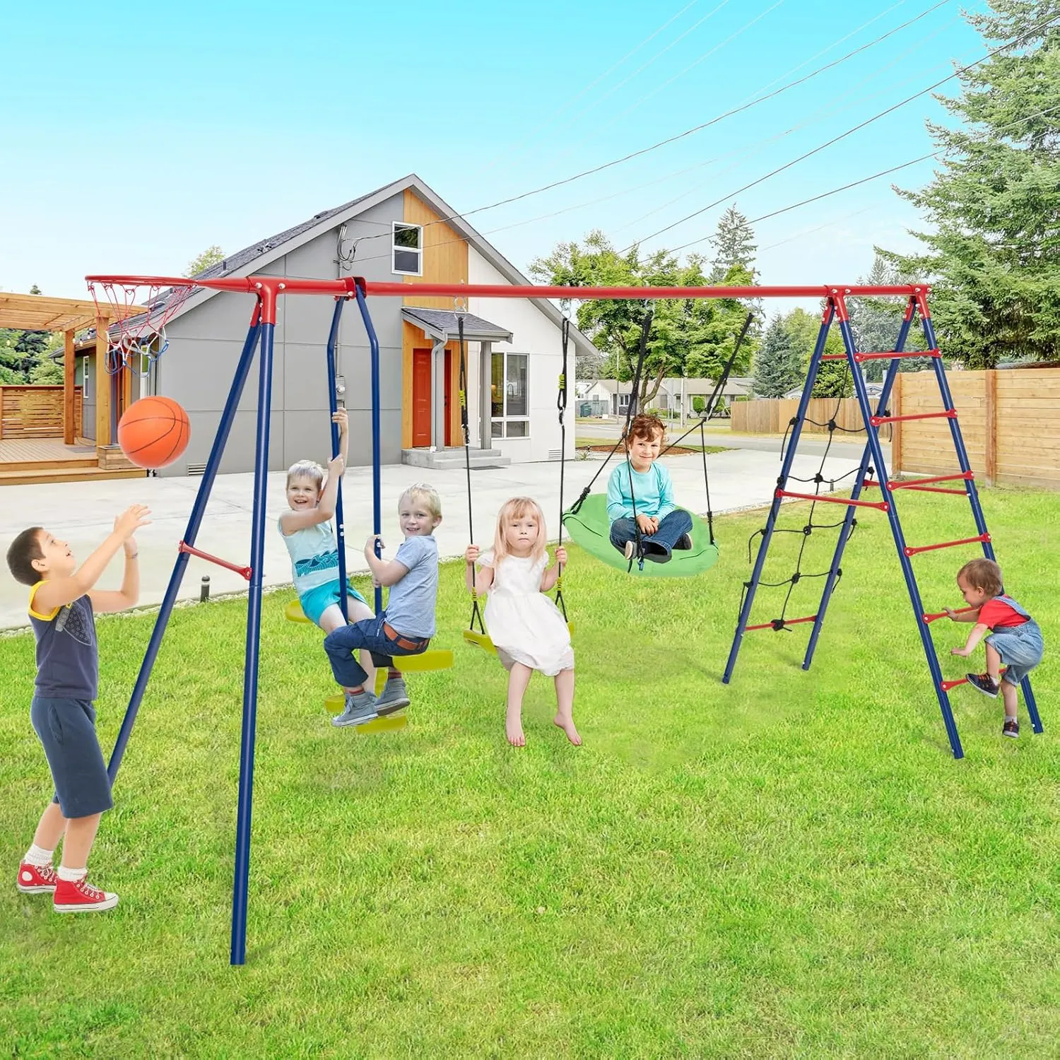 HONEY JOY 550 lbs Swing Sets for Backyard, Heavy Duty Metal A-Frame Swing Stand w/Saucer Swing, Belt Swing, Glider, Climbing Net & Ladder, Basketball Hoop, Playground Swingset Outdoor for Kids (Red)