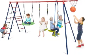 HONEY JOY 550 lbs Swing Sets for Backyard, Heavy Duty Metal A-Frame Swing Stand w/Saucer Swing, Belt Swing, Glider, Climbing Net & Ladder, Basketball Hoop, Playground Swingset Outdoor for Kids (Red)