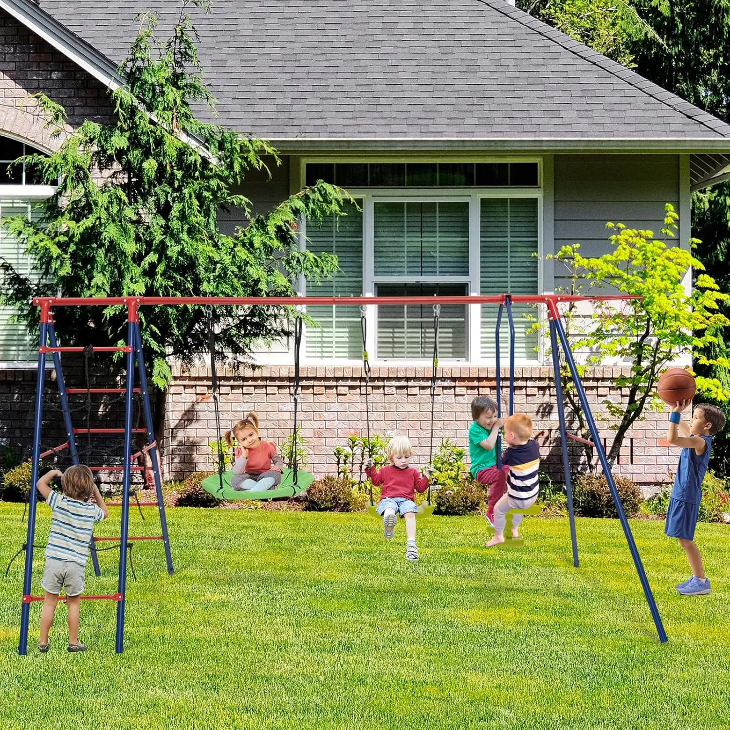 HONEY JOY 550 lbs Swing Sets for Backyard, Heavy Duty Metal A-Frame Swing Stand w/Saucer Swing, Belt Swing, Glider, Climbing Net & Ladder, Basketball Hoop, Playground Swingset Outdoor for Kids (Red)