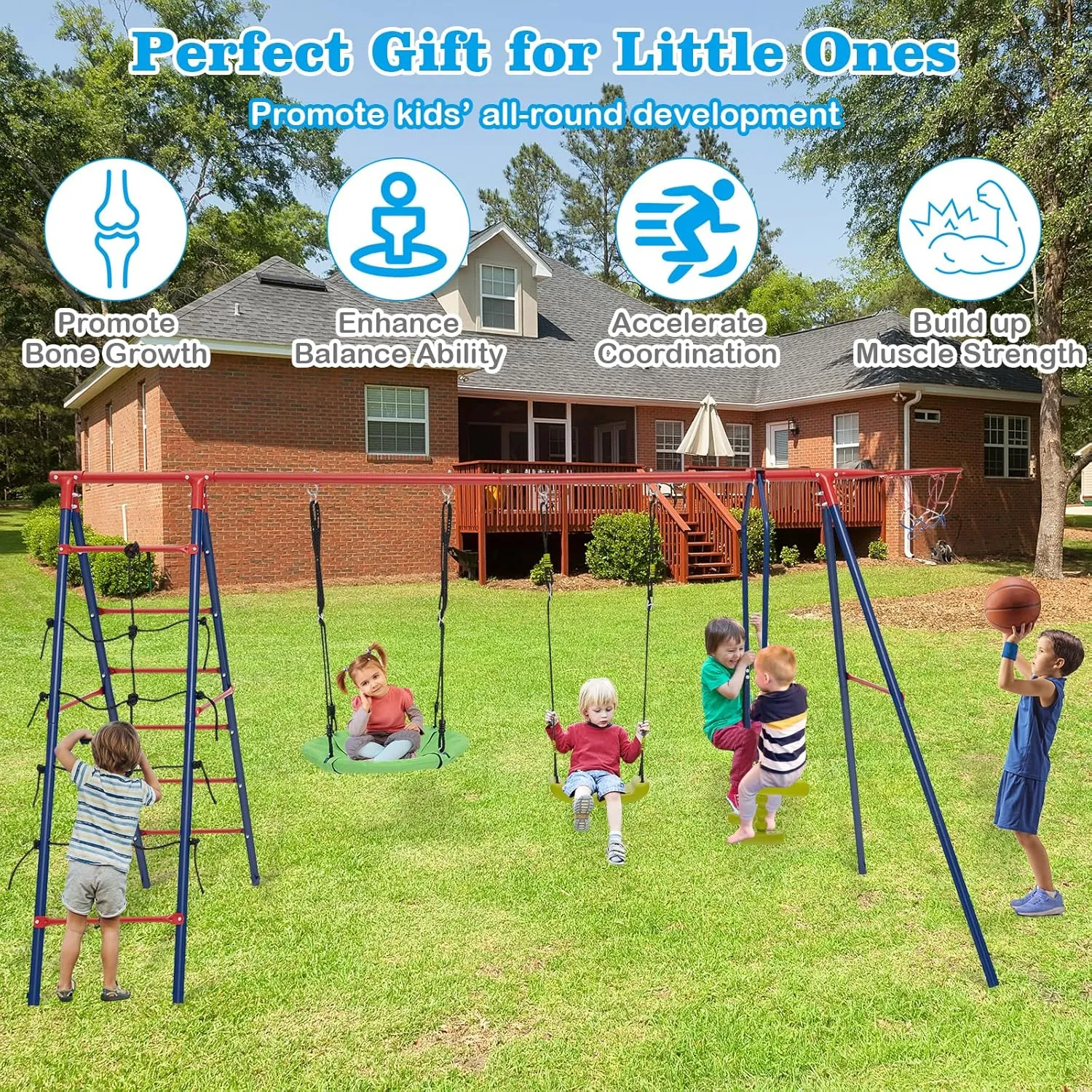 HONEY JOY 550 lbs Swing Sets for Backyard, Heavy Duty Metal A-Frame Swing Stand w/Saucer Swing, Belt Swing, Glider, Climbing Net & Ladder, Basketball Hoop, Playground Swingset Outdoor for Kids (Red)