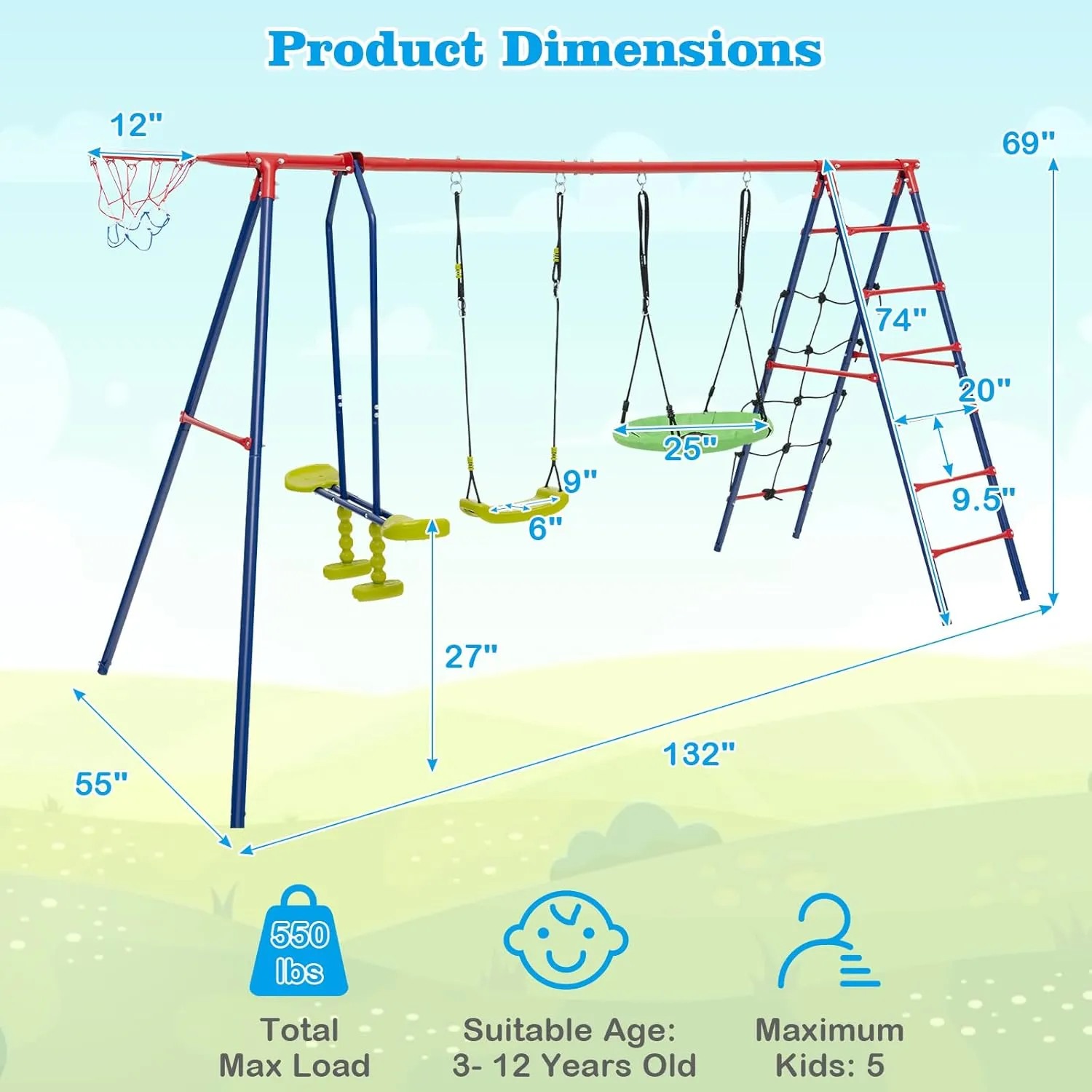 HONEY JOY 550 lbs Swing Sets for Backyard, Heavy Duty Metal A-Frame Swing Stand w/Saucer Swing, Belt Swing, Glider, Climbing Net & Ladder, Basketball Hoop, Playground Swingset Outdoor for Kids (Red)