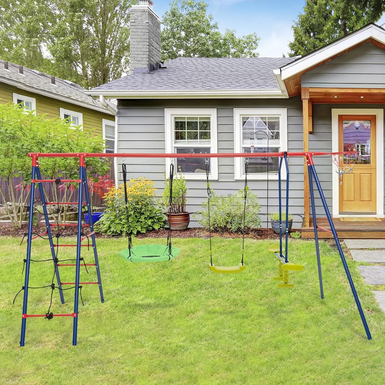 HONEY JOY 550 lbs Swing Sets for Backyard, Heavy Duty Metal A-Frame Swing Stand w/Saucer Swing, Belt Swing, Glider, Climbing Net & Ladder, Basketball Hoop, Playground Swingset Outdoor for Kids (Red)