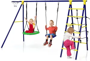 HONEY JOY 550lbs 2 Seat Swing Set with Heavy Duty A-Frame Metal Swing Stand, 5-in-1 Swing Sets for Backyard w/Saucer Swing, Belt Swing, Climbing Net & Ladder, Basketball Hoop, 6 Ground Stakes